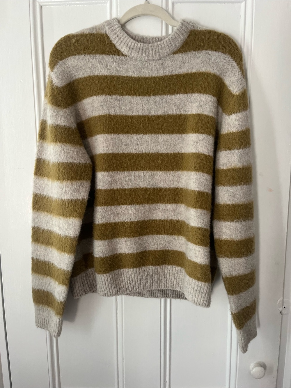 ZARA Alpaca Wool Blend Striped Sweater in Olive & Cream Medium